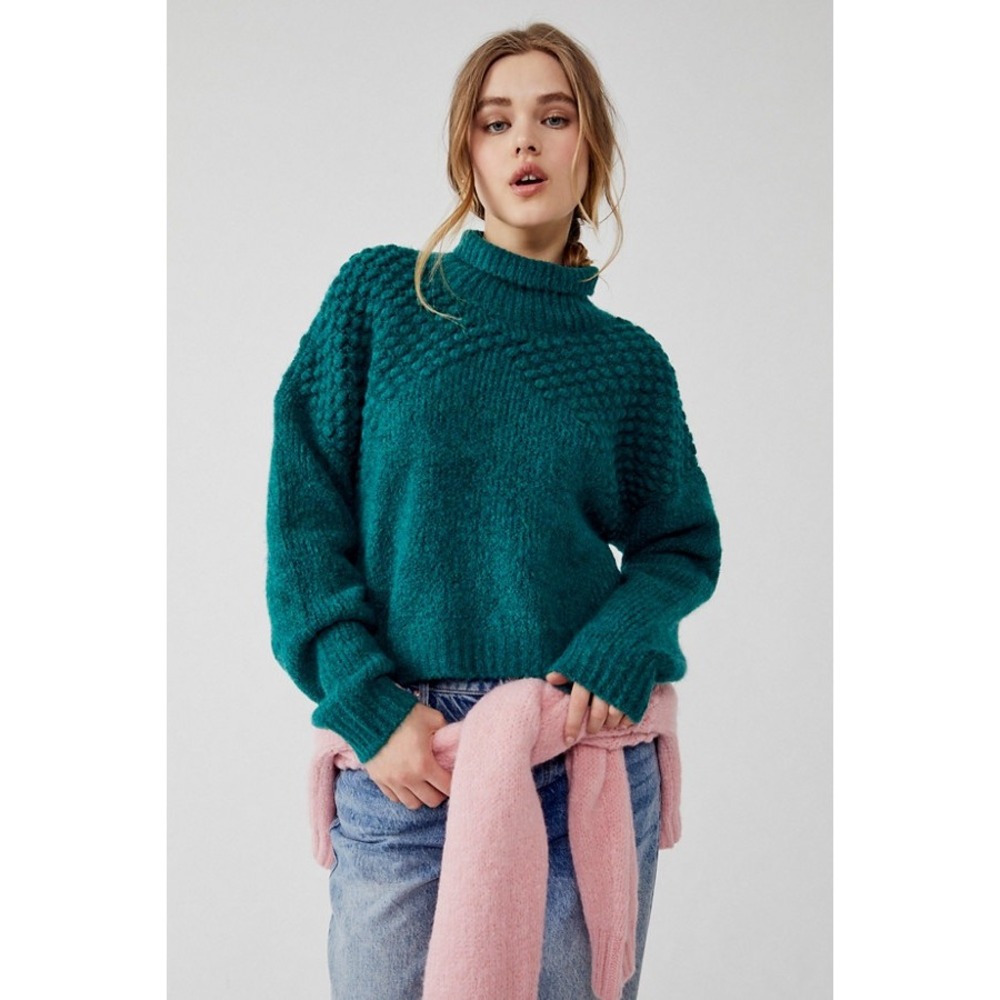 Free People Bradley Textured Pullover Green Turtleneck Sweater M